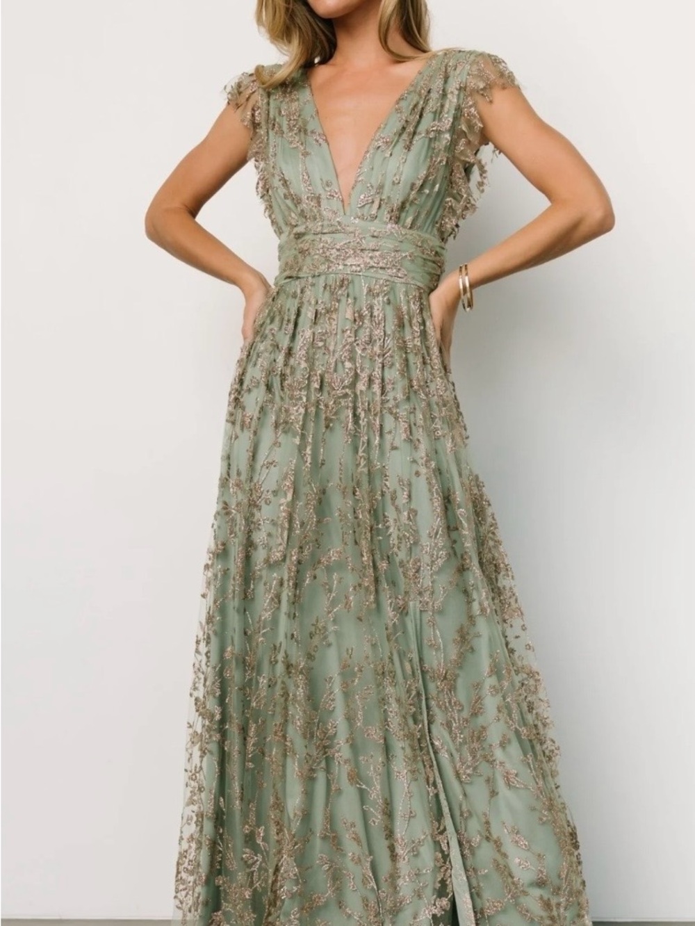 Baltic Born Arlene Shimmer Gown | Sage Green & Gold | Size Large - Picture 2 of 4